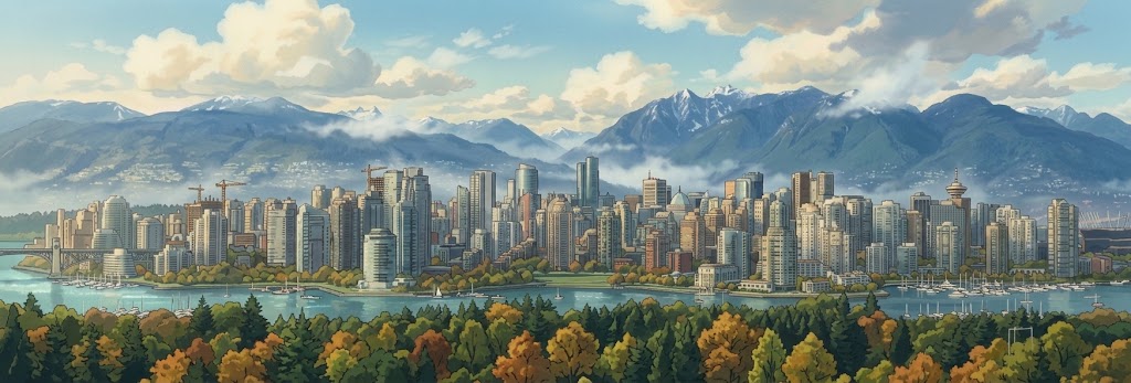 City skyline with snow-capped mountains behind it